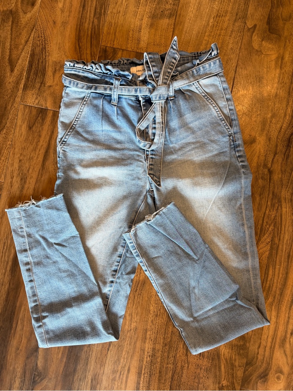 Ashley Mason Light Blue Paperbag Waist Jeans with Self-Tie Belt